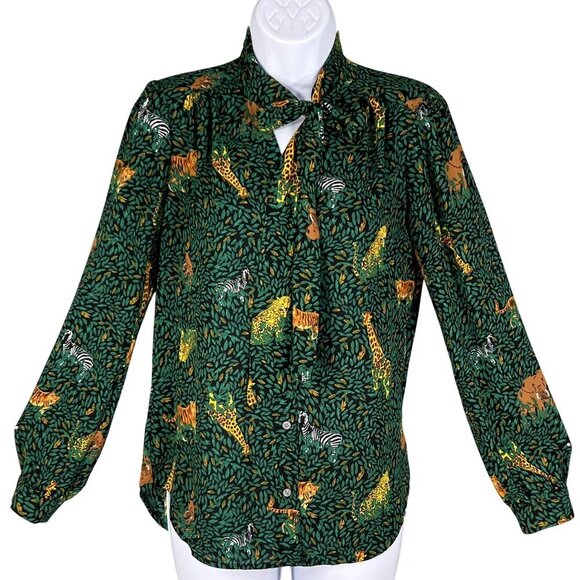 J.Crew Womens Green Jungle Print Long Sleeve Button Up Blouse Tie Neck XXS Artsy - Picture 4 of 15